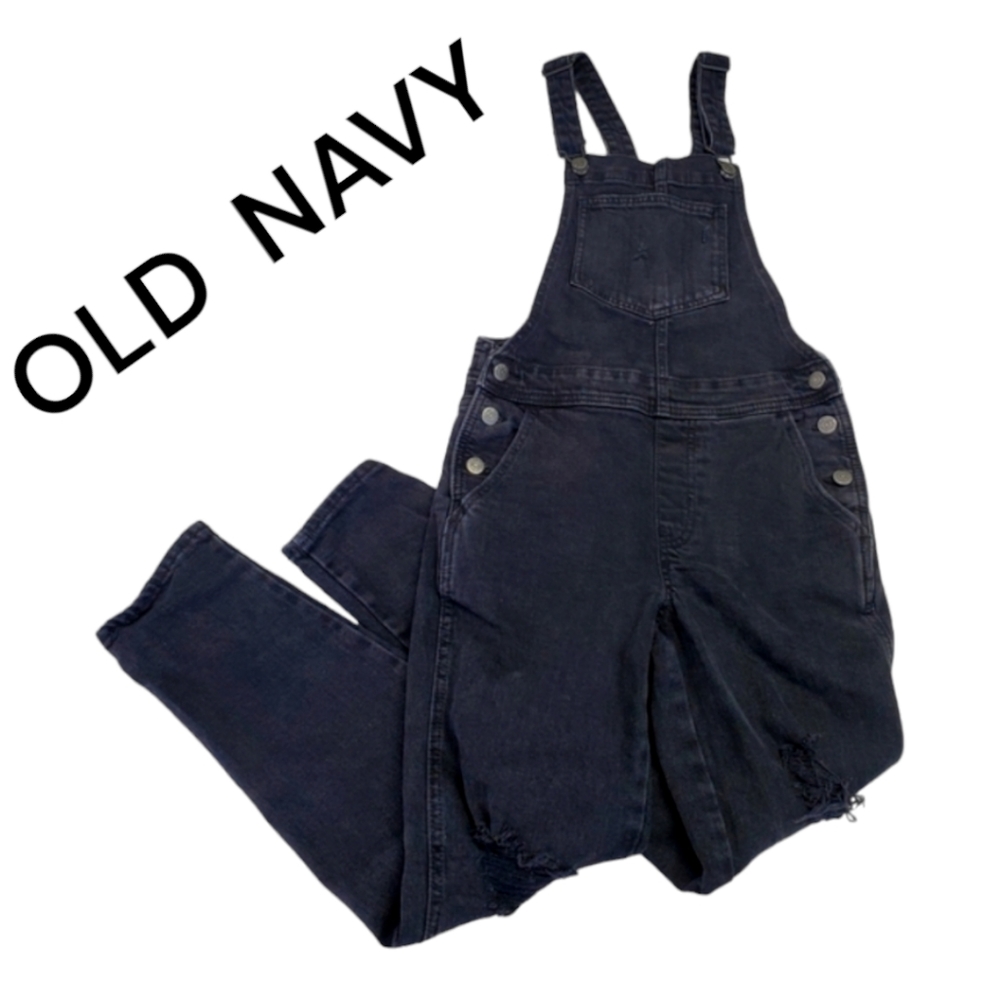 Old Navy Women's Black Jean Bib Distressed Overhauls Denim Size 00